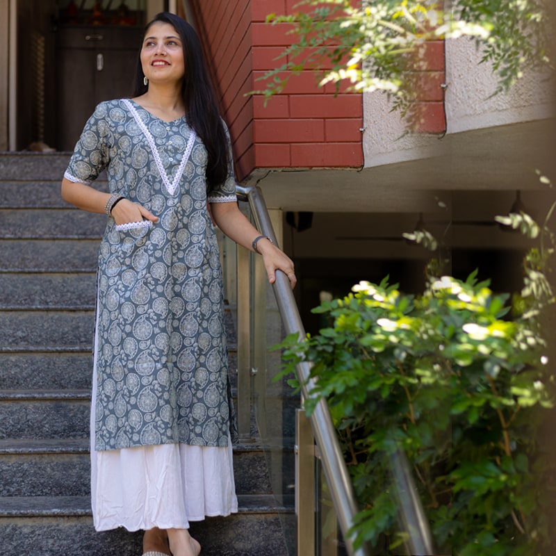 Grey Cotton All-Over Embroidered Round-Neck Straight Kurta at Soch
